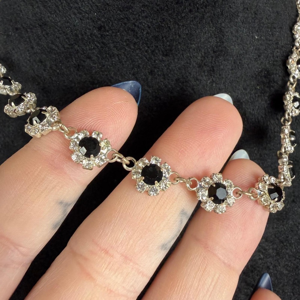 Vtg Black Clear Rhinestone Floral Silver Chocker Necklace Whimsygoth 90s Y2K - Picture 8 of 9